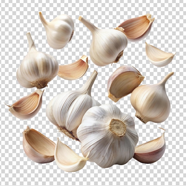 Falling garlic cloves on transparent background