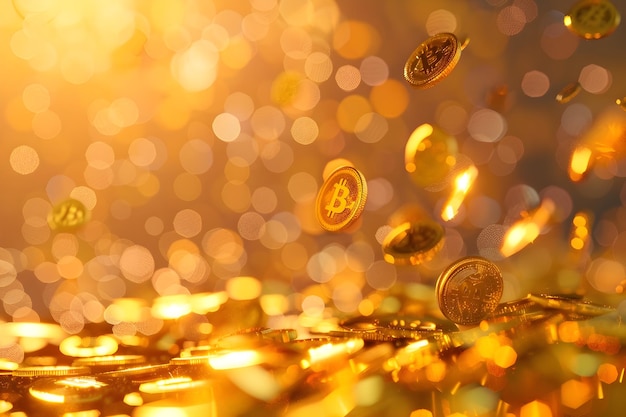 Falling Gold Bitcoin Coins Against a Luxurious Abstract Background Digital Currency Concept