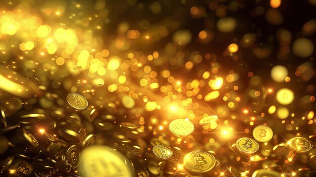 Photo falling golden coins with bitcoin logo symbolizing wealth and luxury