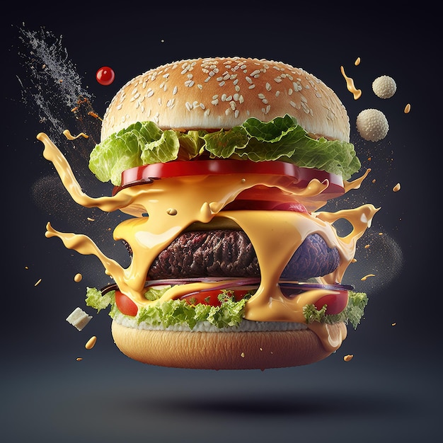 Falling ham burger with floating ingredients, 3d design realistic burger on abstract background.