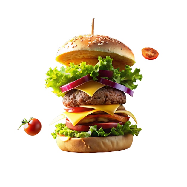 Photo falling ham burger with floating ingredients 3ddesigned realistic burger on a white background