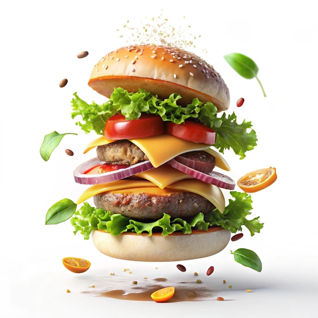 Photo falling ham burger with floating ingredients 3ddesigned realistic burger on a white background