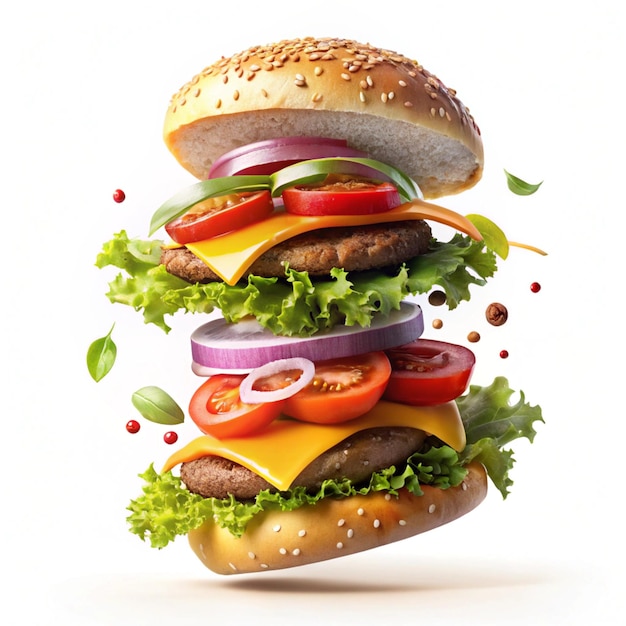 Photo falling ham burger with floating ingredients 3ddesigned realistic burger on a white background