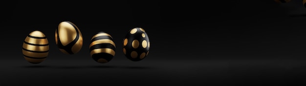 Falling luxury golden 3d easter egg with pattern on black background 3d rendering Happy Easter Luxury background with golden and black eggs