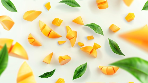 Falling mango pieces with green leaves on a white background flat lay