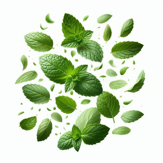 Falling mint leaves isolated on white background