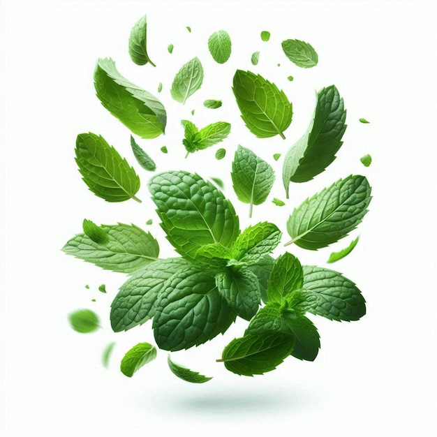 Falling mint leaves isolated on white background