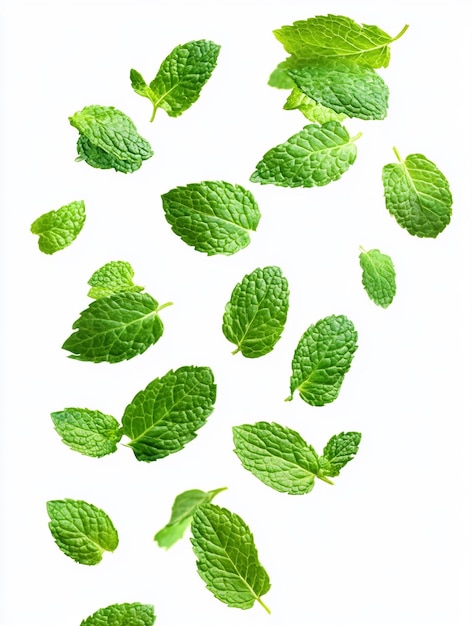 Falling Mint Leaves Isolated on White Background