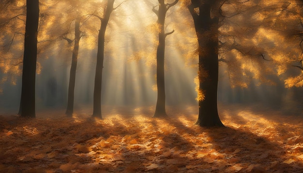 Falling oak leaves on the scenic autumn forest illuminated by morning sun