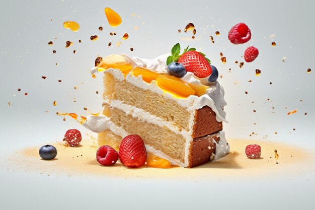 Falling pieces of cake with splashes on background