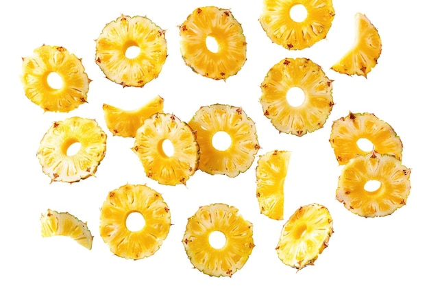 Photo falling pineapple rings canned pineapple slices isolated on white background with clipping path