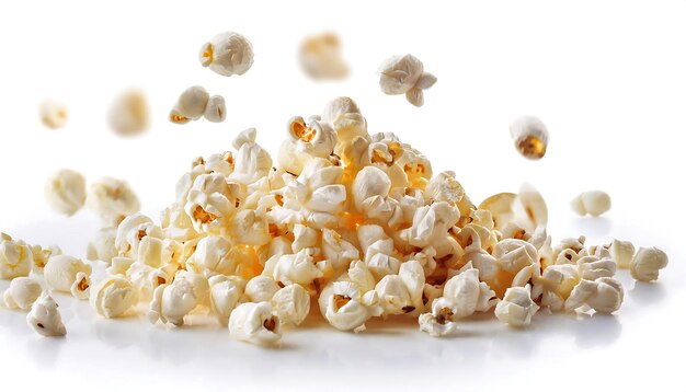 Photo falling popcorn isolated on white background selective focus