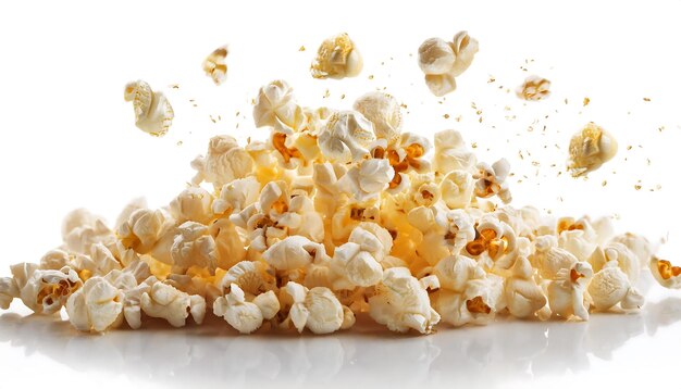 Photo falling popcorn isolated on white background selective focus