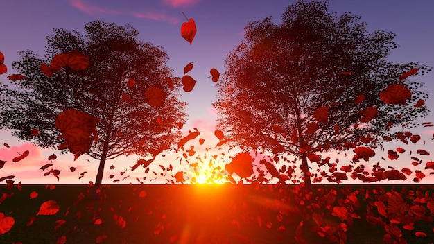 Falling red leaves at sunset trees with red leavesSunset 3D rendering