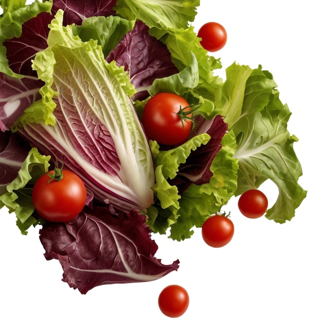 Falling salad of leaves with rucola lettuce radicchio romano green frize and tomatoes isolated