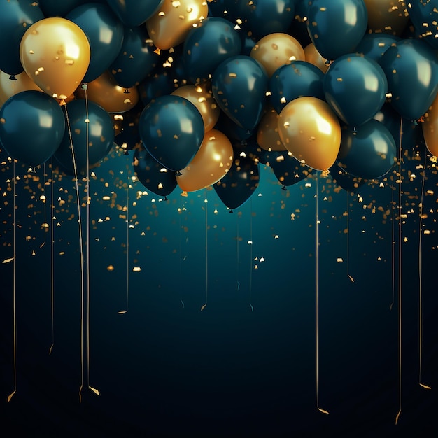 falling shiny glitter confetti with gold and blue balloons in dark blue background