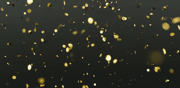 Falling shiny golden confetti on black background Bright festive tinsel of gold color