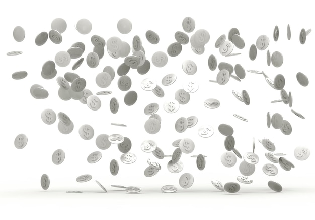 Falling silver coins from above isolated on white background 3d illustration