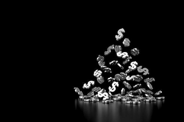 Falling silver dollar sign 3D rendering