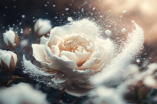 Falling snowwhite petals of ice rose on blurred background created with generative ai