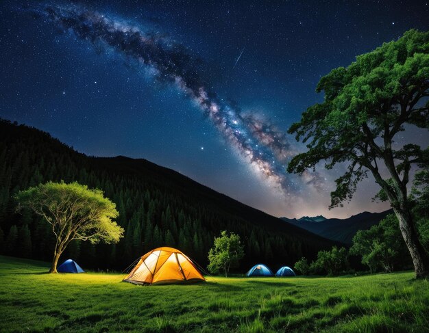 Falling star in on Milky way over the capming with one yellow and tree blue tents