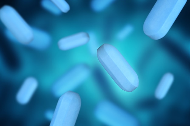 The falling of the tablets from the virus 3D illustration of pills on a blurred background