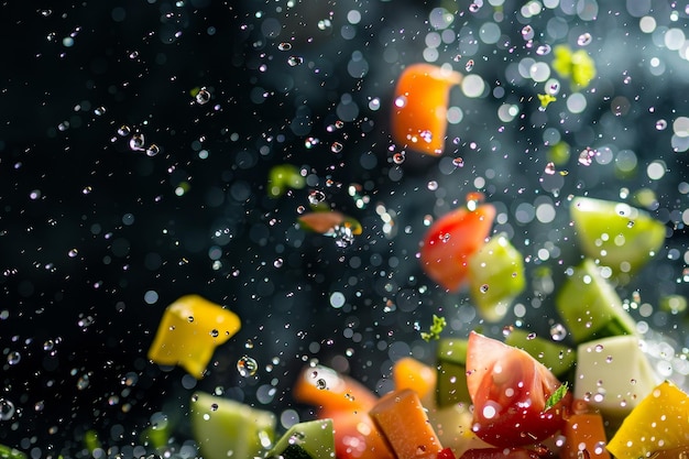 Photo falling vegetables on a black background abstract image good food