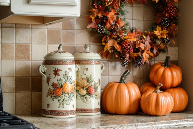 Fallthemed Kitchen Decor with Pumpkins and Ceramic Jars