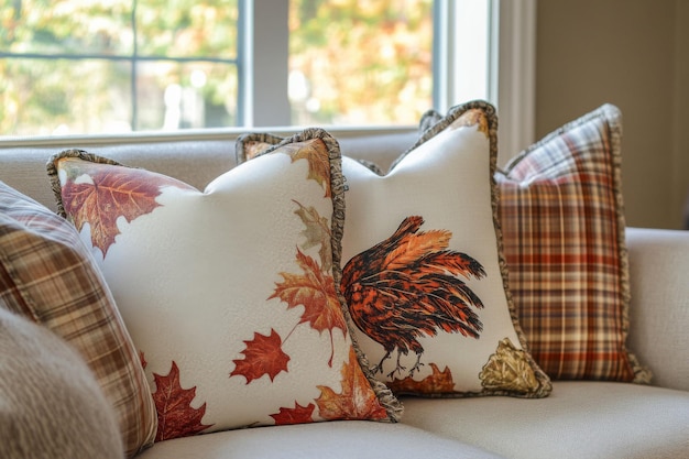 Photo fallthemed pillows on a beige couch