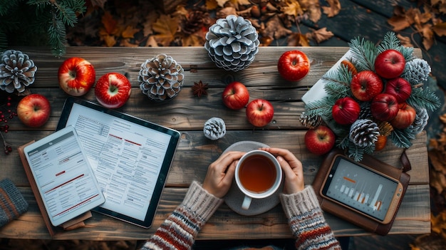 Photo fallthemed productivity scene autumn office table with technology and apple seasonal workspace