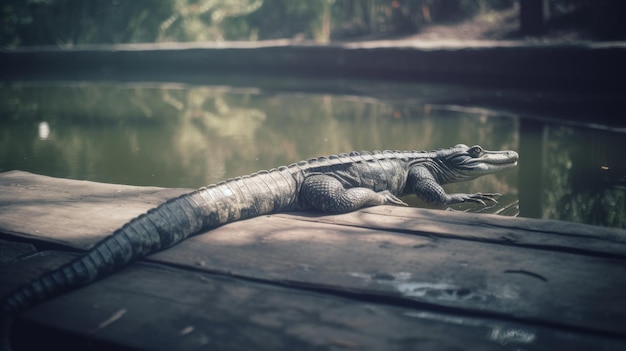 False Gharial have sunbathing near its pond Illustration AI GenerativexA