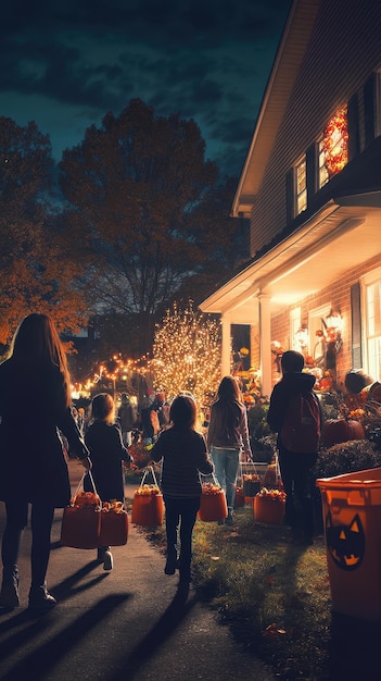 Photo families of all ages stroll through a decorated neighborhood collecting candy on halloween night