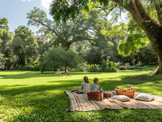 Families and friends enjoy a leisurely outdoor gathering in a lush park