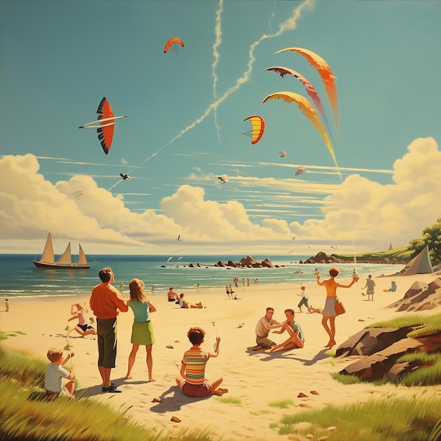 Families Having a Picnic and Flying Kites by the Sea