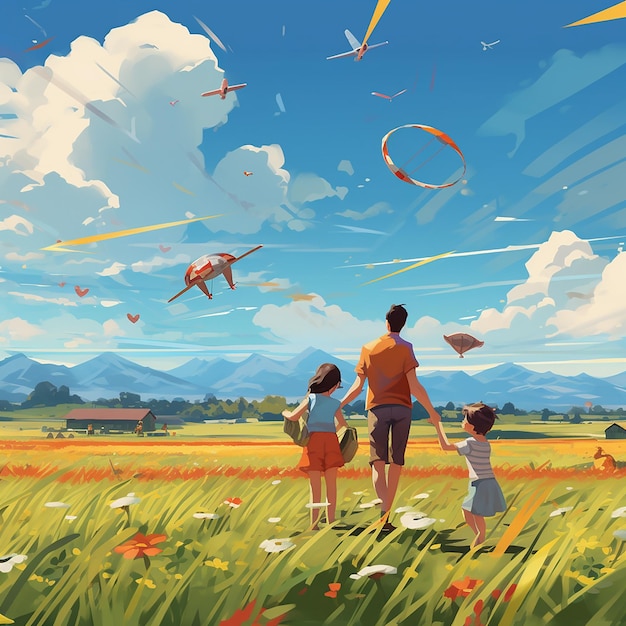 Families Having a Picnic and Flying Kites in a Windy Meadow