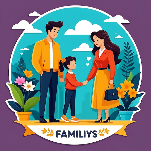 families parent scene hand drawn flat stylish cartoon sticker