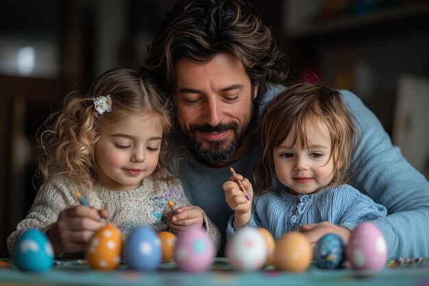 Photo family activity of painting easter eggs at home in a cozy setting during the spring season