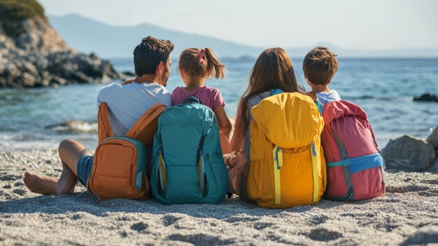 Family Adventure Beach Day with Colorful Backpacks