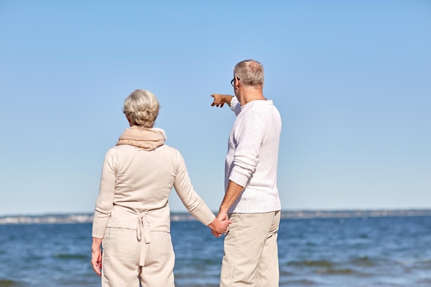 family, age, travel, tourism and people concept - happy senior couple pointing finger to something over sea