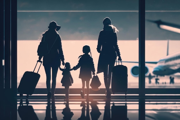 Family at airport travelling with young child and luggage walking to departure gate Air travel concept AI Generation