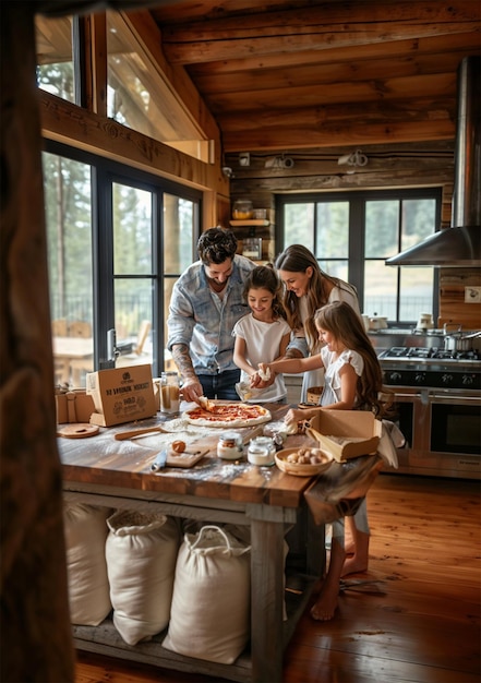 Family Baking Together in a Cozy Mountain Cabin Kitchen