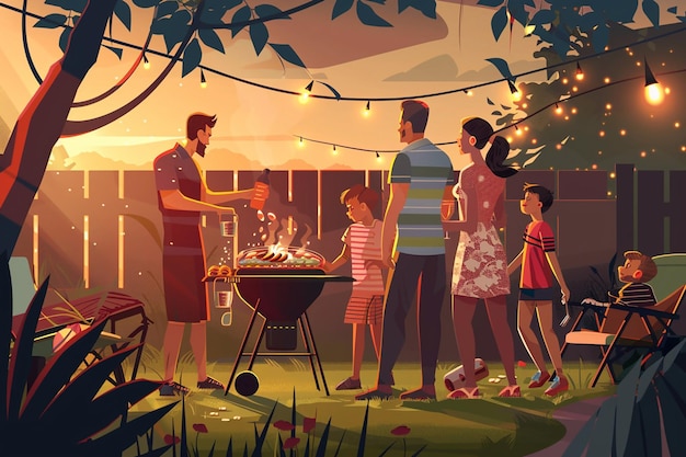 Family barbecue in the backyard with kids playing nearby vector paper cut style summer evening glow