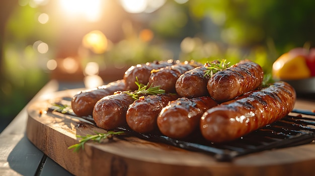 Photo family barbecue party in the garden with sausages food and grill pan