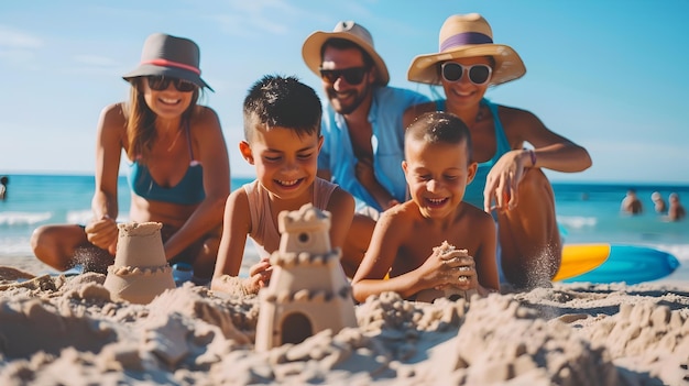 Family Beach Day Children Building Sandcastles and Parents Relaxing with Joyful Summer Vibes