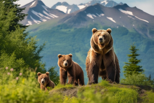 A family of bears, one of which is a bear cub.