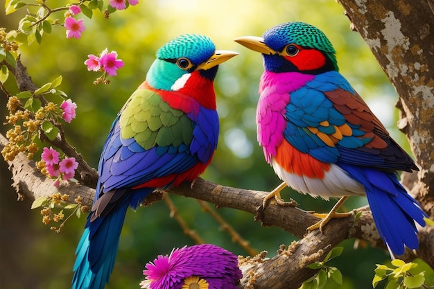 A family of birds around a lush garden of wildflowers