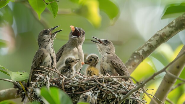 Photo a family of birds in a nest