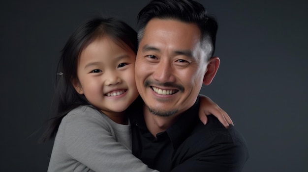 Family Bond Joyful Asian Father and Daughter Embrace Smiling at Camera on Gray BackdropxA