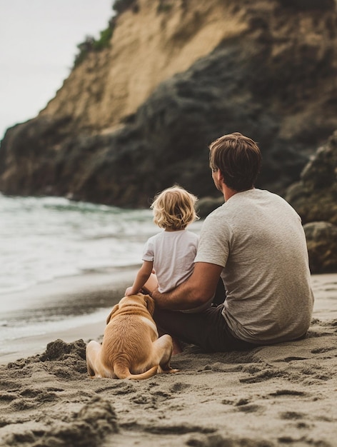 Family Bonding at the Beach Father Child and Dog Enjoying Nature Together