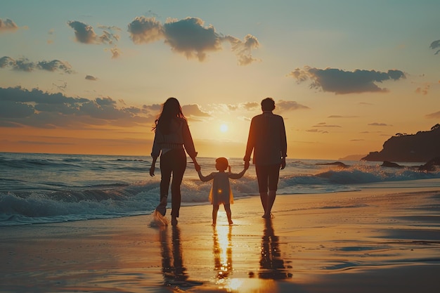 Family bonding on beach vacation at sunset Enjoying travel and fun with girl child and parents by oc